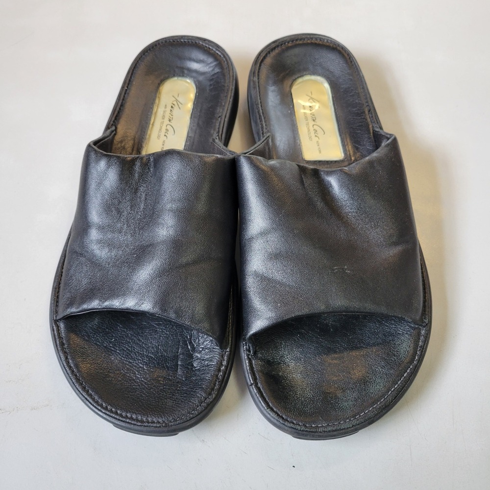 Kenneth Cole New York Mens 8M Leather Slide Sandals Black Silver‎ Technology